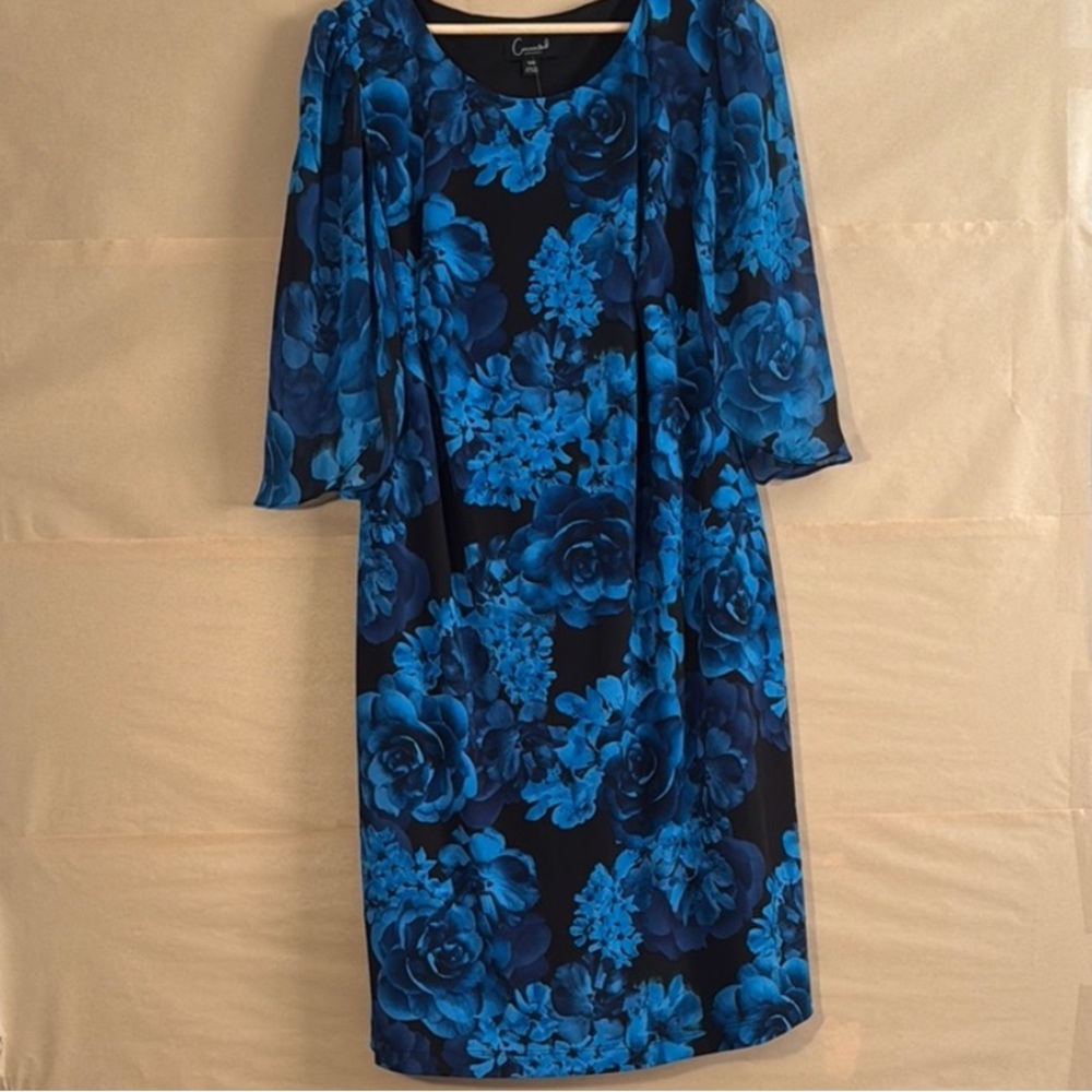 Connected Apparel Blue and Black Sheath Dress with Bell Sleeves